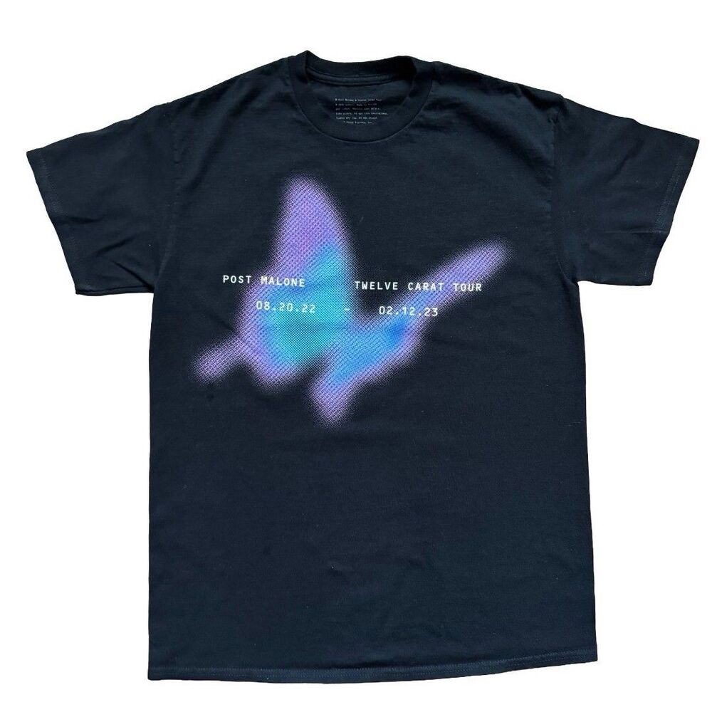 Post Malone Twelve Carat Tour 2022-2023 Black Graphic Butterfly Shirt Size M